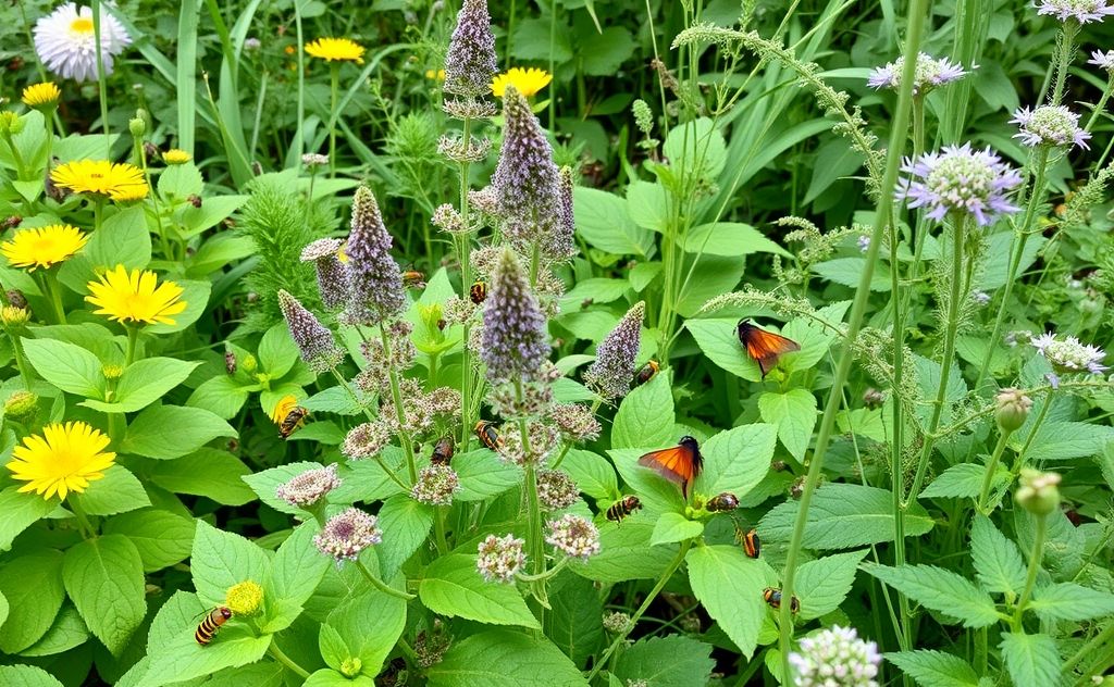 A vibrant garden with plants surrounded by beneficial insects and herbs.