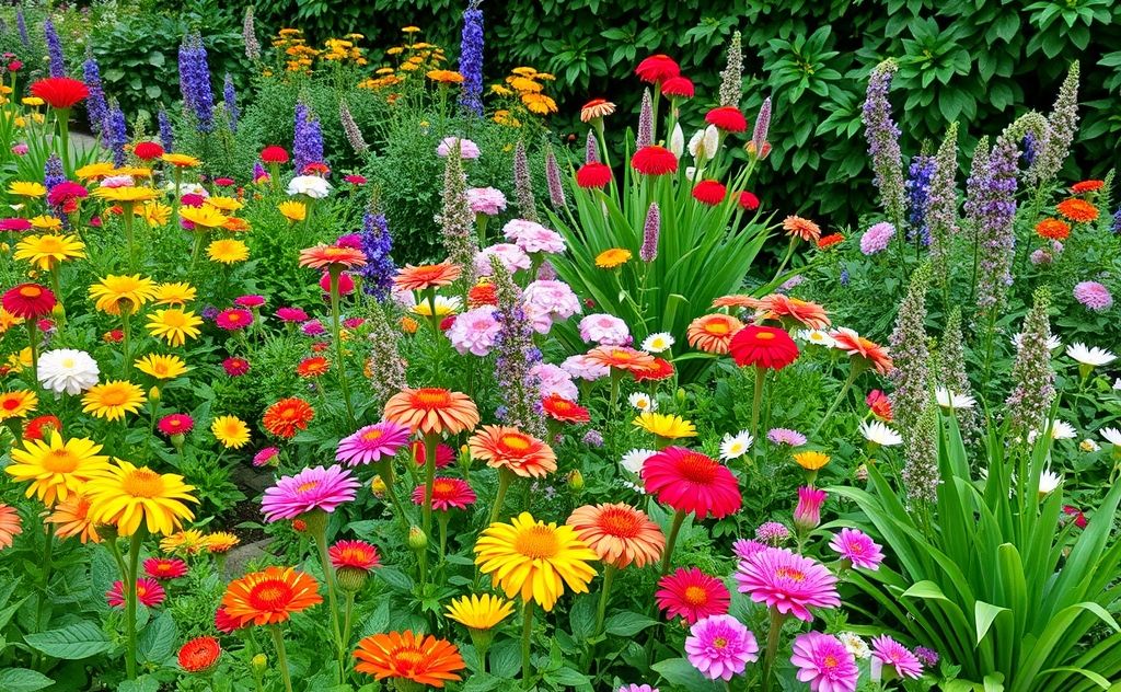 A vibrant garden with seasonal flowers and lush greenery.
