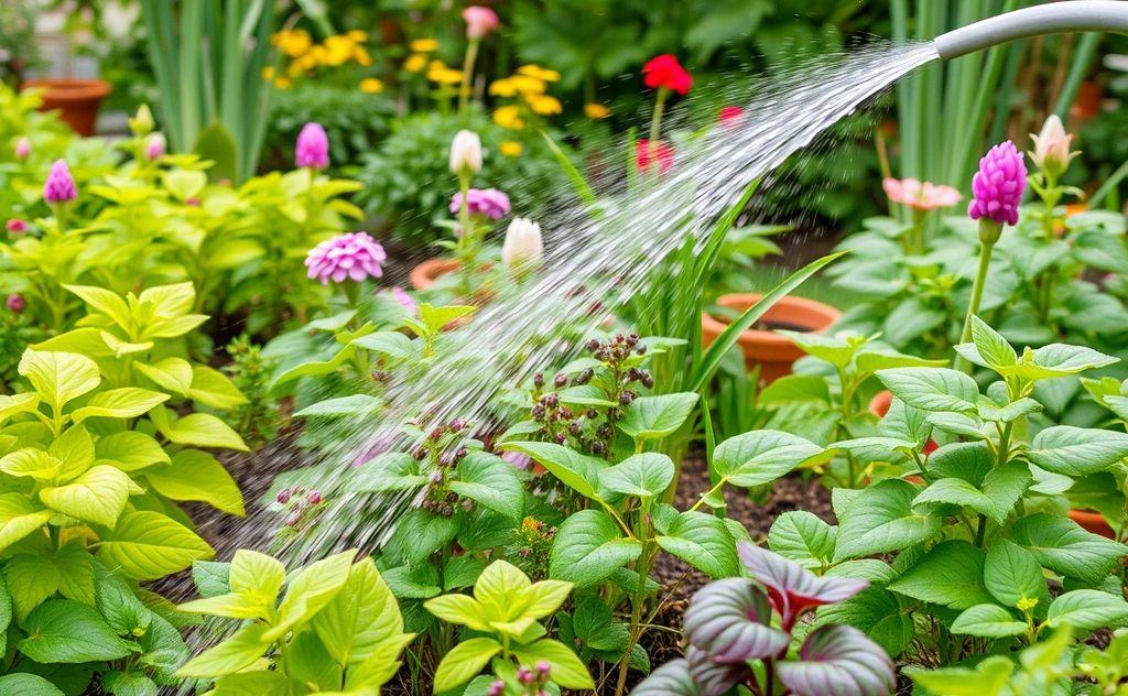A vibrant garden with various plants being watered regularly.