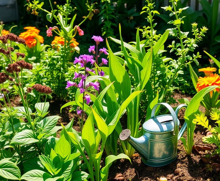A vibrant garden with wilting plants and a watering can under the sun.