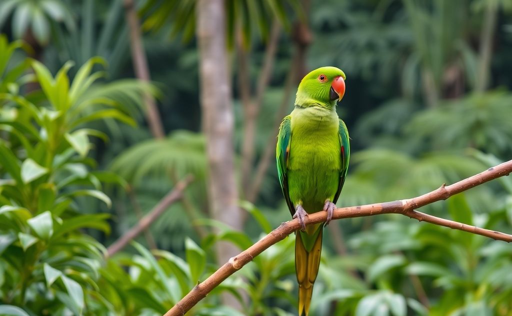 A vibrant green parrot perched on a branch in a lush forest.
