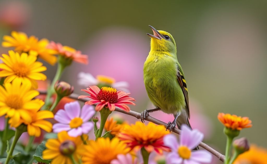 A vibrant green singing finch perched among colorful flowers.