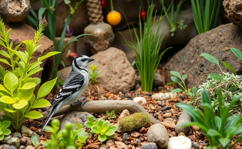 A vibrant habitat filled with plants and natural elements for zebra finches.