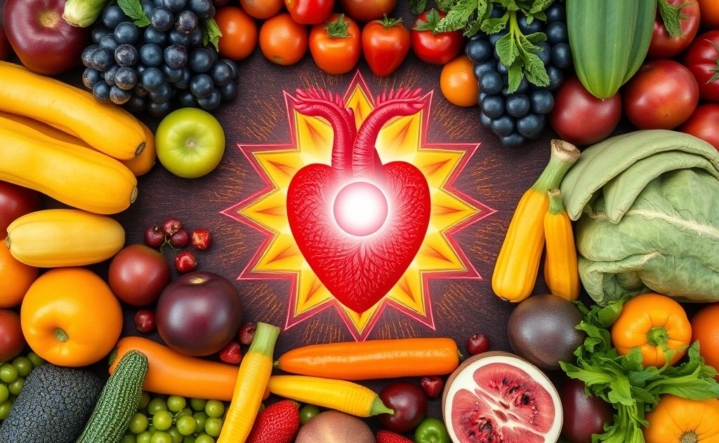 A vibrant heart chakra surrounded by fresh fruits and vegetables.