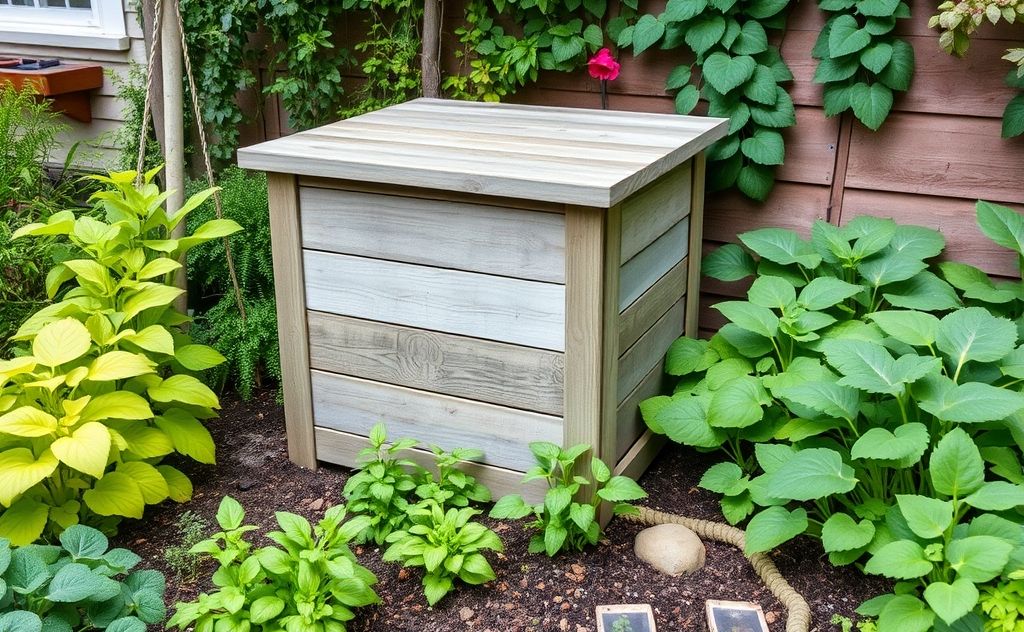 A vibrant home garden with a compost bin surrounded by plants.