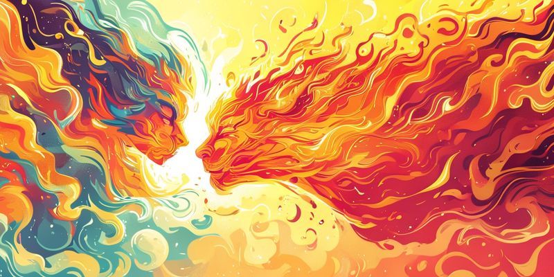 Ateş ve hava elementlerinin uyum içinde birleştiği canlı bir illüstrasyon, dinamik bir ilişkiyi temsil ediyor