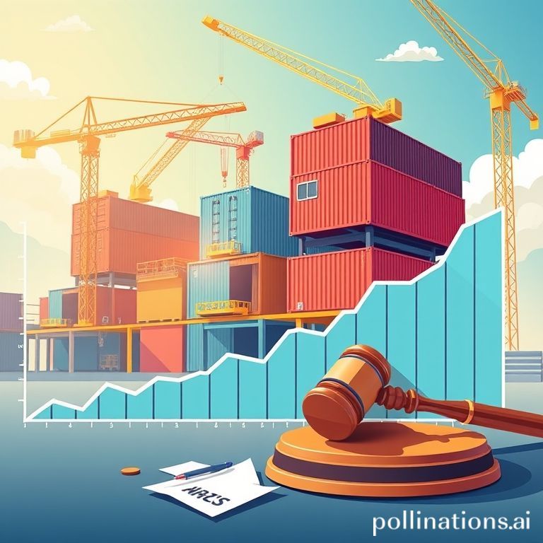Modular buildings, rising stock chart, and a broken gavel symbolize SGBX's market surge post-litigation.