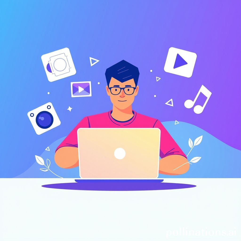 A vibrant illustration showing a person coding Flutter on a laptop. Around the laptop, various multimedia icons float: a camera lens, a photo gallery grid, a play button for video, and a musical note for audio. The background is a gradient of blue and purple, representing technology and creativity. The overall aesthetic is modern and clean.