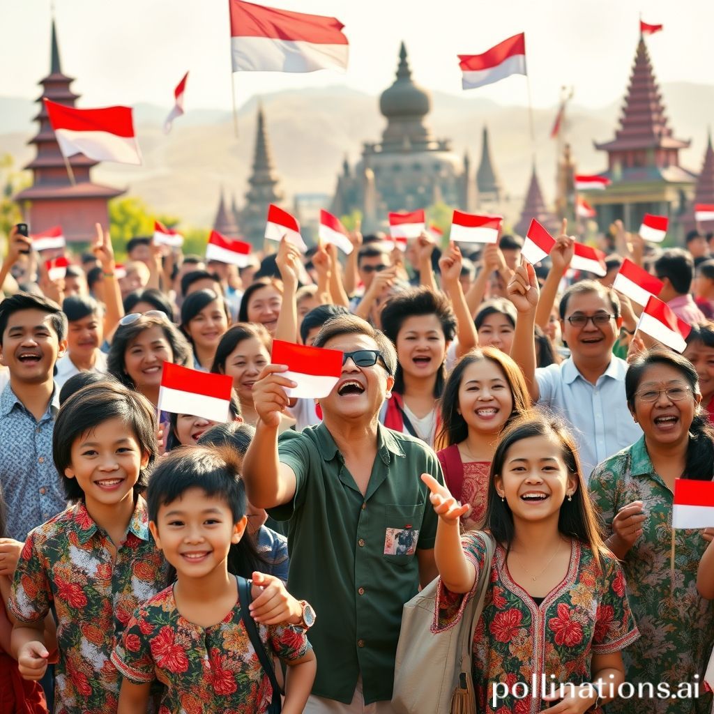 A vibrant image depicting a diverse group of Indonesians, young and old, from various ethnic backgrounds, enthusiastically participating in an August 17th celebration. They are smiling, wearing traditional or modern attire, and some are waving small Indonesian flags. In the background, subtly blurred, are iconic Indonesian landmarks mixed with hints of historical images (like the Proclamation text or old photographs), symbolizing the blend of past and present. The overall mood is joyous, patriotic, and united.