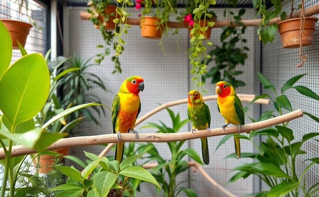 A vibrant indoor habitat with plants and perches for gouldian finches.