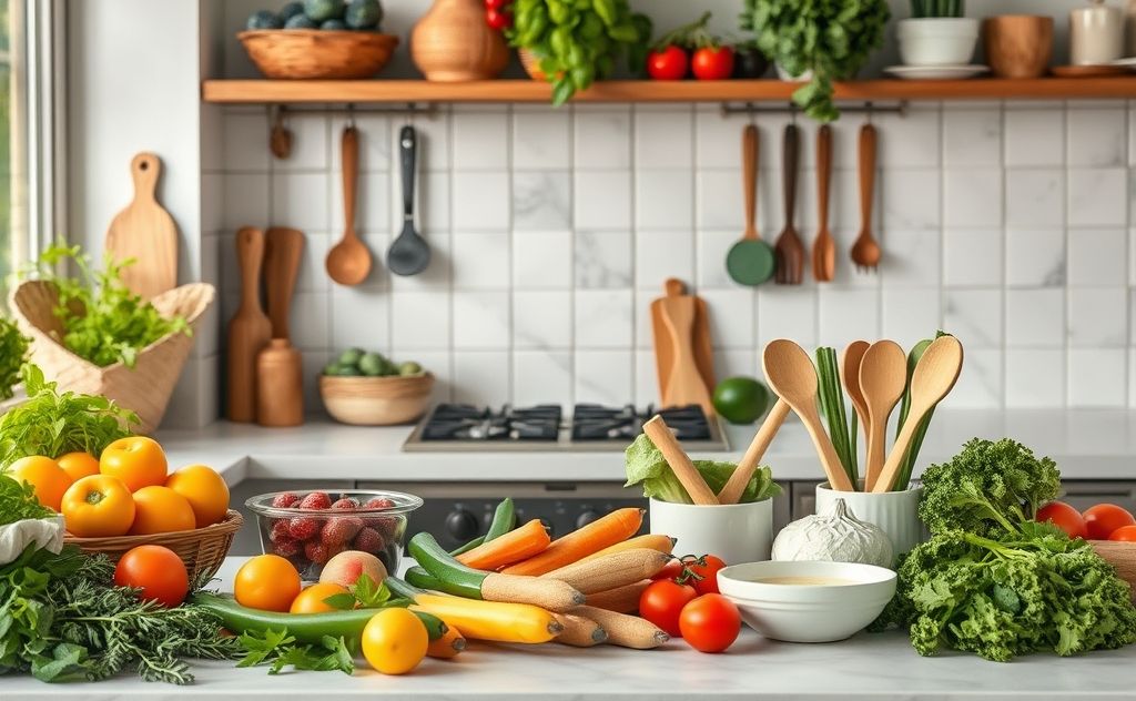 A vibrant kitchen scene with fresh ingredients and eco-friendly utensils.