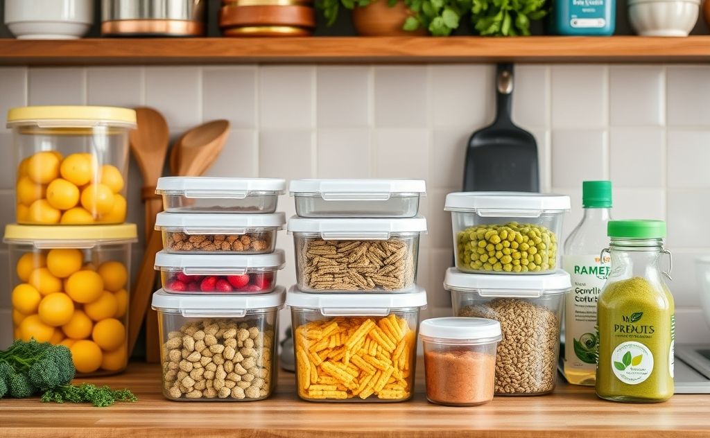 A vibrant kitchen scene with reusable containers and eco-friendly products.