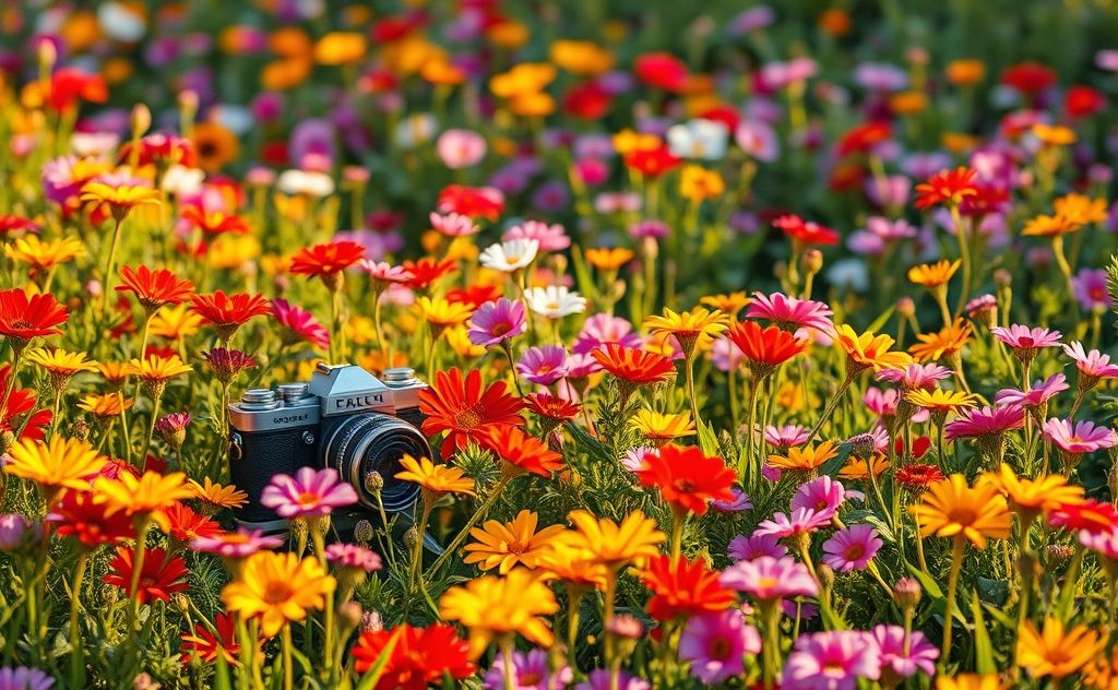 A vibrant landscape featuring a variety of flowers and a camera.