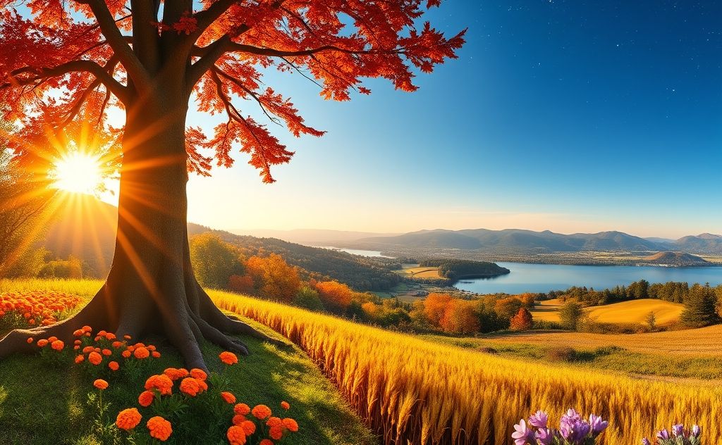A vibrant landscape featuring natural elements representing chakra colors.