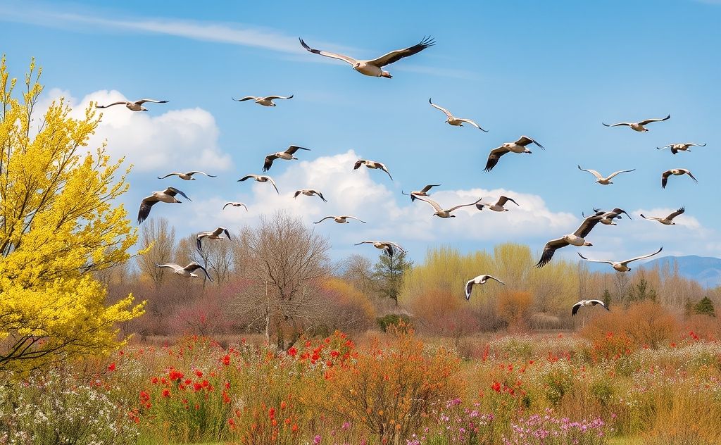 A vibrant landscape showcasing migratory birds in springtime.
