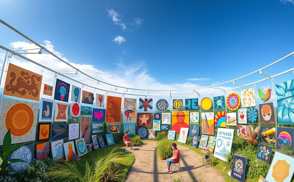 A vibrant landscape showcasing various AI-generated art pieces.