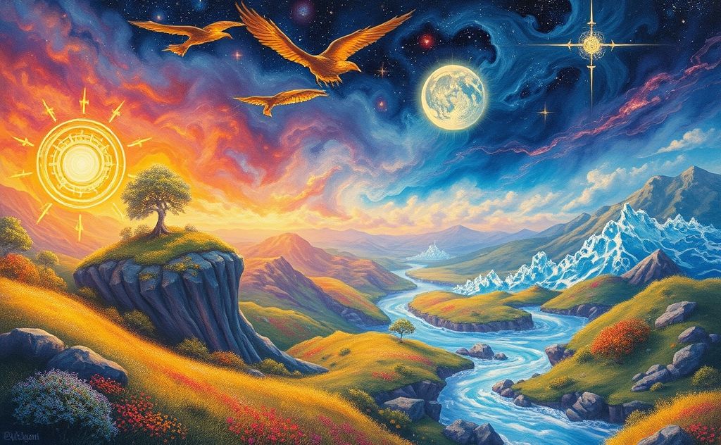 A vibrant landscape with flowing energy currents and elemental symbols.