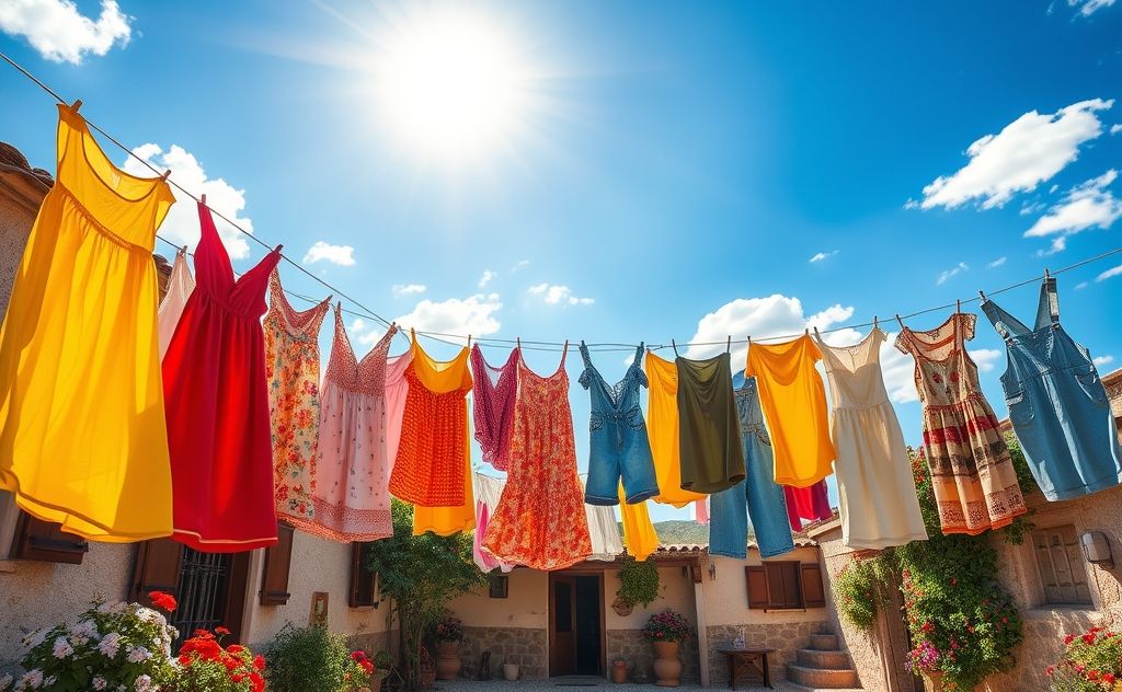 A vibrant laundry scene with colorful clothes hanging to dry.