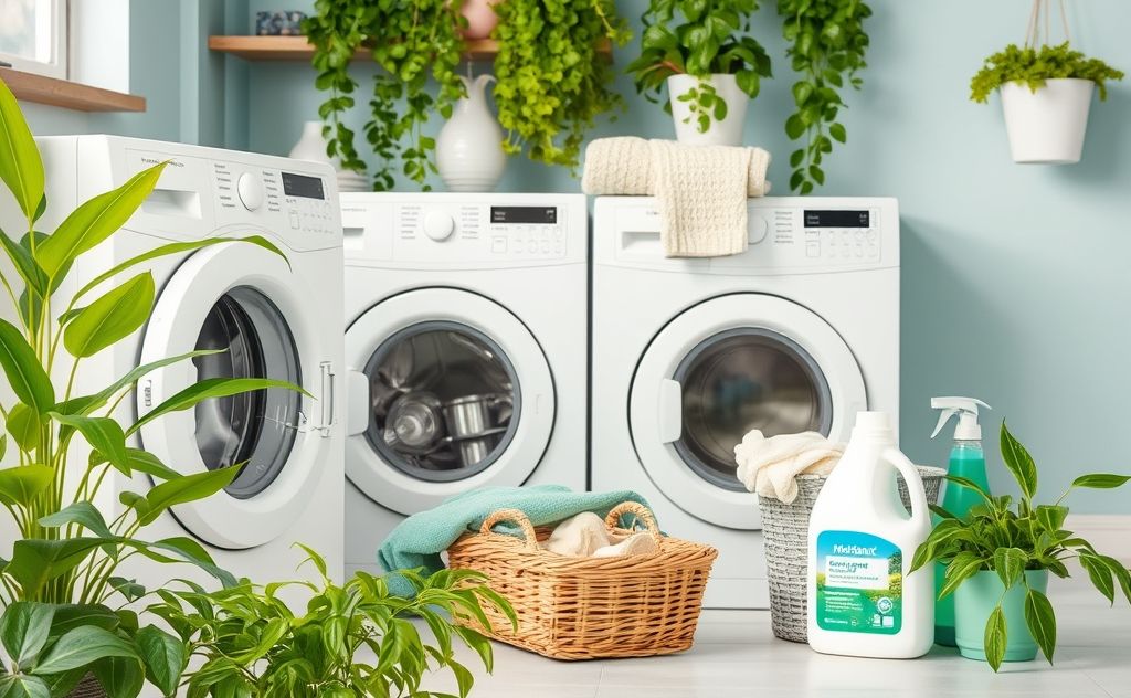 A vibrant laundry scene with eco-friendly detergents and green plants.