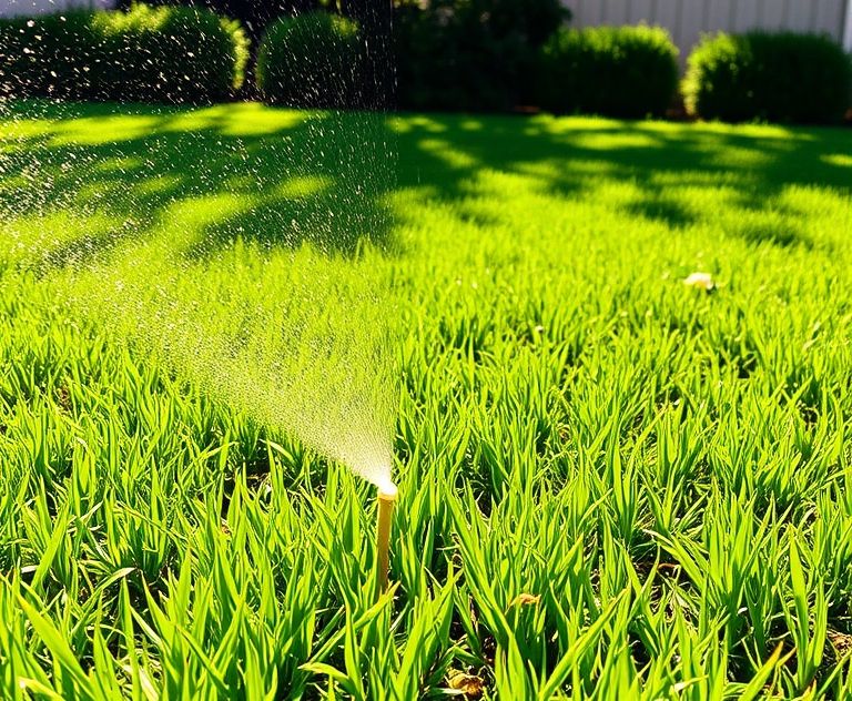 A vibrant lawn being watered under the bright Texas sun.