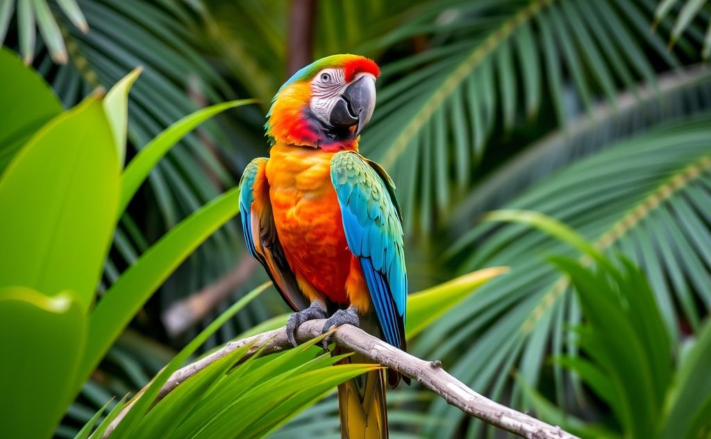 A vibrant macaw perched on a branch surrounded by tropical foliage.