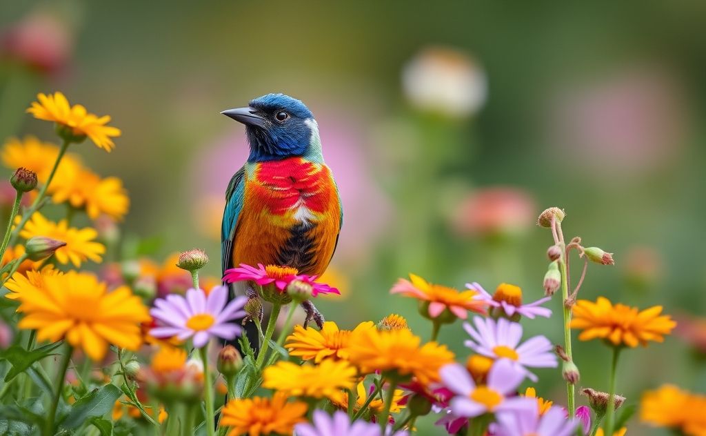 A vibrant male bird perched among colorful flowers in nature.