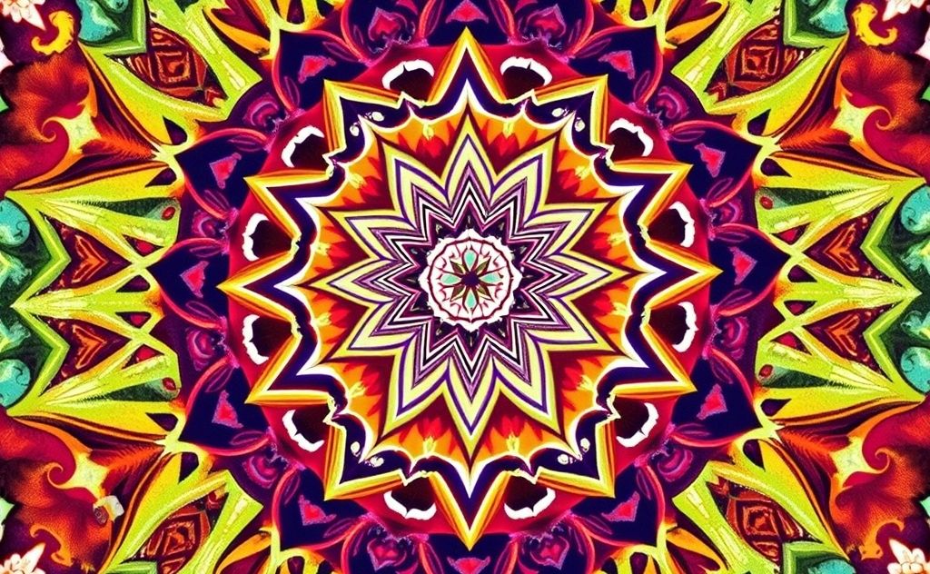 A vibrant mandala design incorporating sacred geometric shapes.