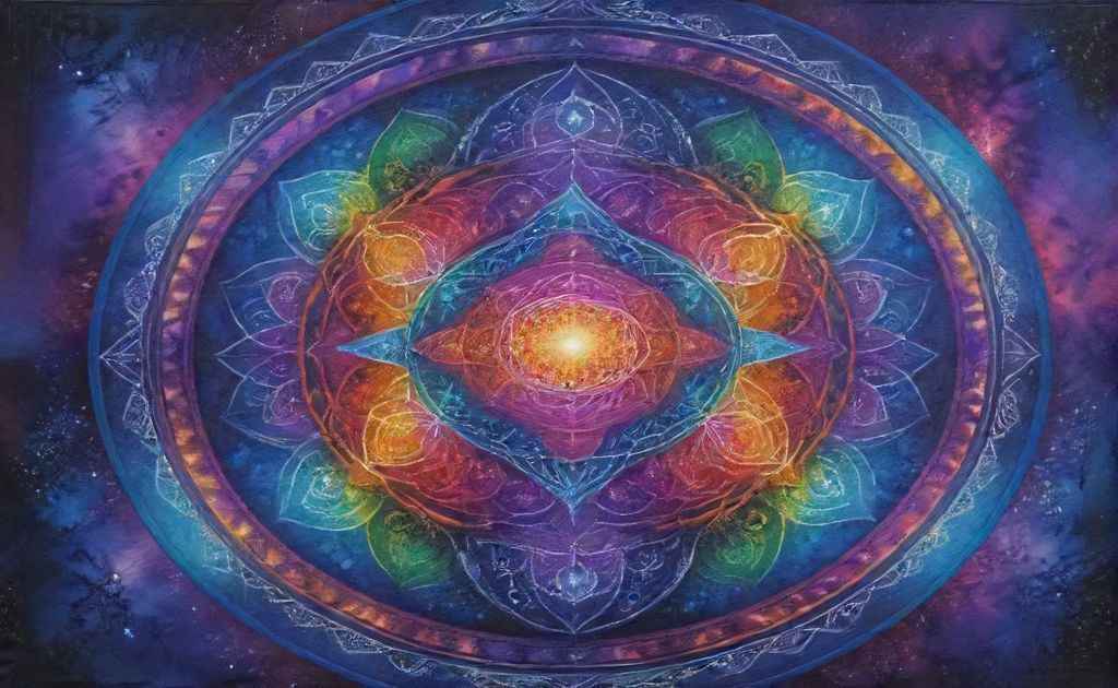 A vibrant mandala design incorporating sacred geometry patterns.