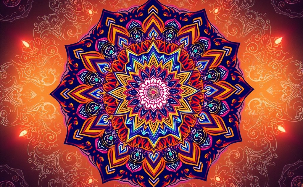 A vibrant mandala design with intricate patterns and colors.