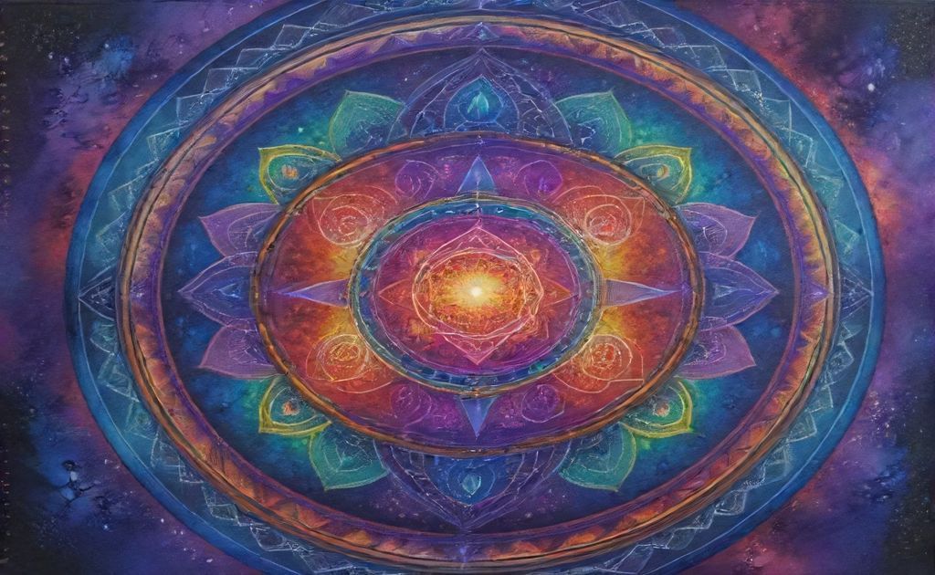 A vibrant mandala featuring sacred geometry patterns and symbols.