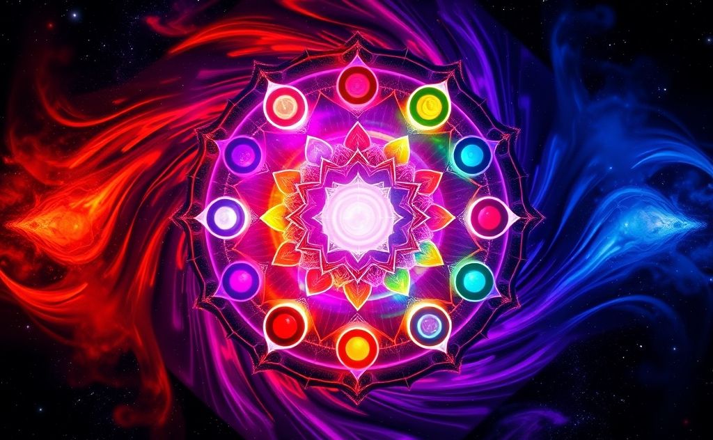 A vibrant mandala representing the seven chakras in motion.
