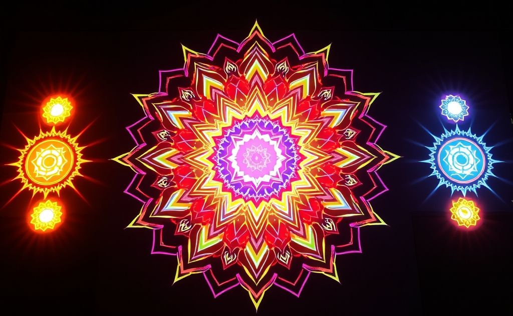 A vibrant mandala surrounded by glowing chakra symbols.