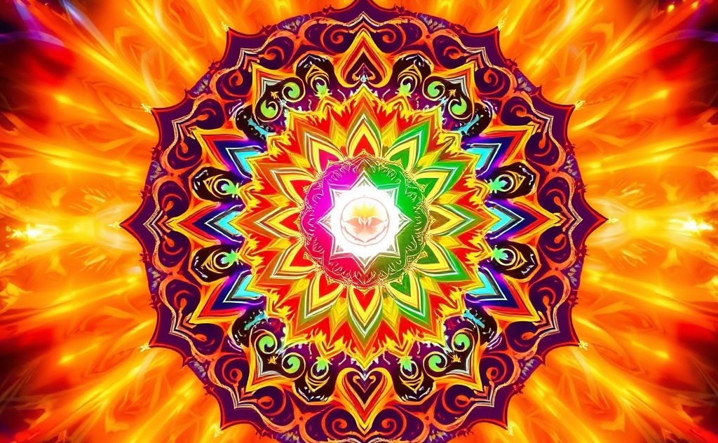 A vibrant mandala with colorful chakras and rhythmic drum patterns.