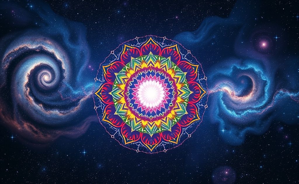 A vibrant mandala with glowing chakras in a cosmic background.