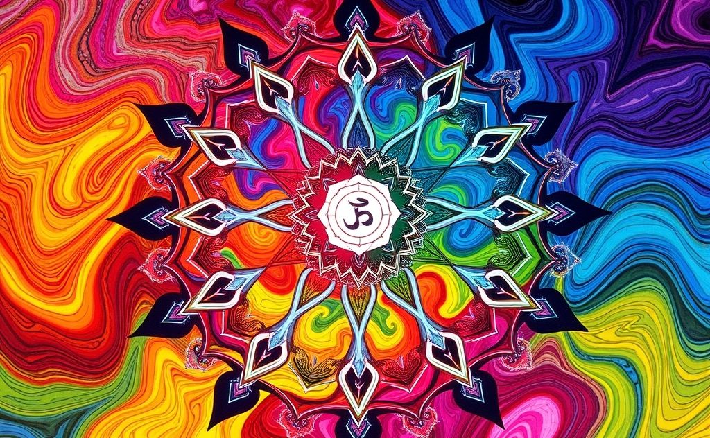 A vibrant mandala with swirling colors representing chakra energies.