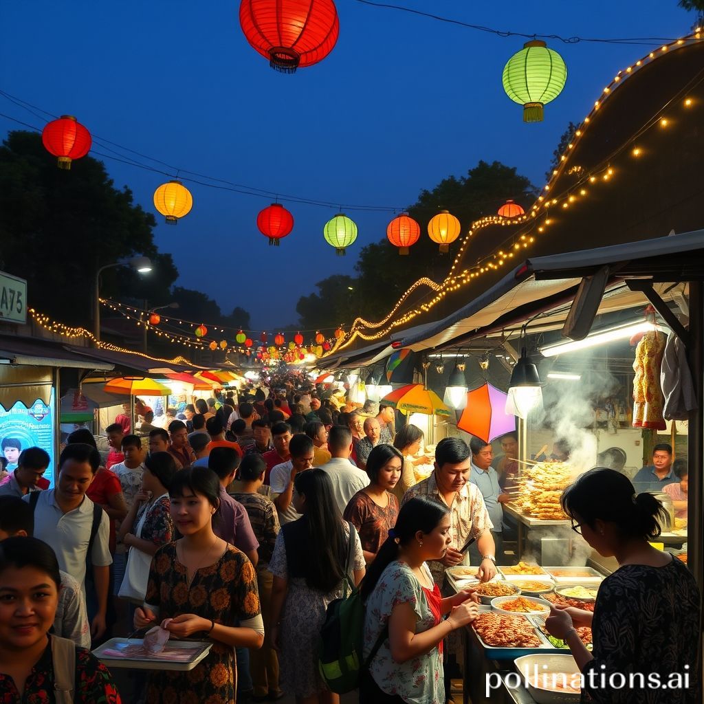 A vibrant night market scene in Bandung, Indonesia. Food stalls brightly lit with warm lights, steam rising from various dishes, a diverse crowd of people happily enjoying street food. Focus on the variety of Indonesian cuisine under the cool night sky, with a lively and inviting atmosphere.