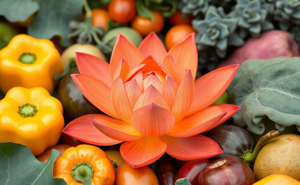 A vibrant orange lotus flower surrounded by nourishing fruits and vegetables.
