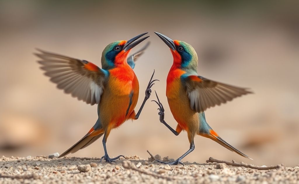 A vibrant orange-breasted waxbill performing a courtship dance.