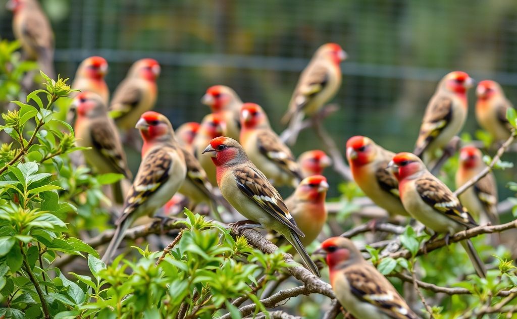 A vibrant outdoor aviary filled with red-faced finches perched among greenery.