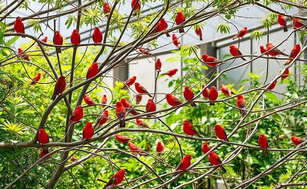 A vibrant outdoor aviary filled with red-faced finches perched on branches.