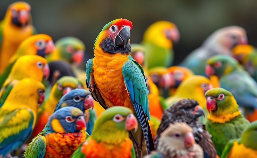 A vibrant parrot perched among a diverse flock of colorful birds.