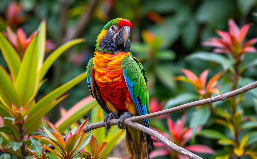 A vibrant parrot perched on a branch surrounded by colorful foliage.