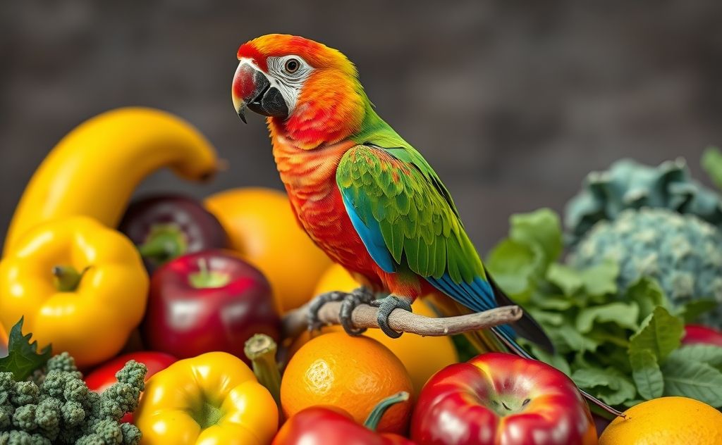 A vibrant parrot perched on a branch surrounded by fresh fruits and vegetables.