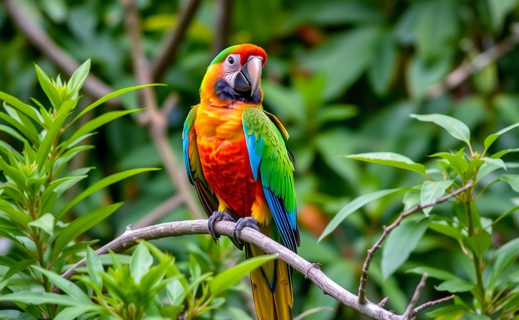 A vibrant parrot perched on a branch surrounded by lush greenery.