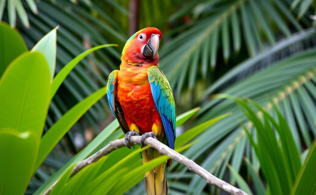 A vibrant parrot perched on a branch surrounded by tropical foliage.
