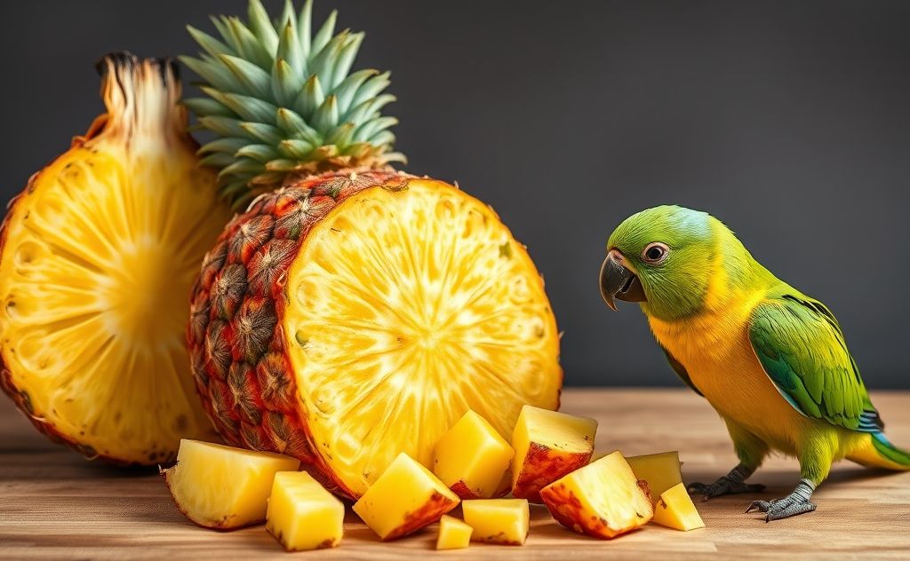 A vibrant pineapple sliced into pieces with a parrot nearby.