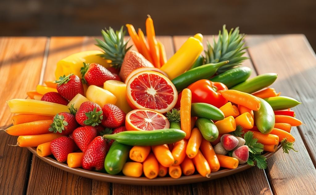 A vibrant plate filled with colorful fruits and vegetables.