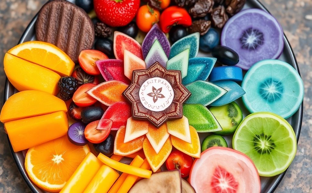 A vibrant plate of colorful foods arranged by chakra colors.