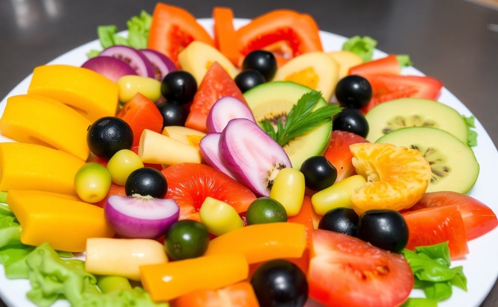 A vibrant plate of colorful fruits and vegetables arranged artfully.