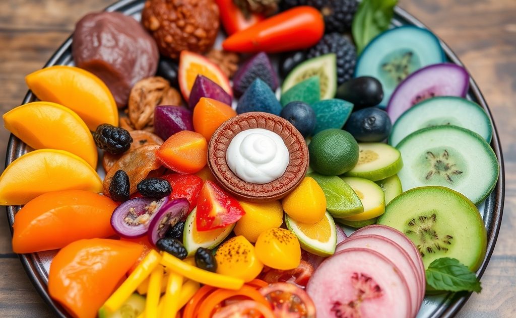 A vibrant plate of colorful, chakra-inspired foods arranged beautifully.